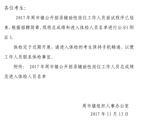 2017周市鎮(zhèn)公開招錄輔助性崗位工作人員總成績及進入體檢人員公示